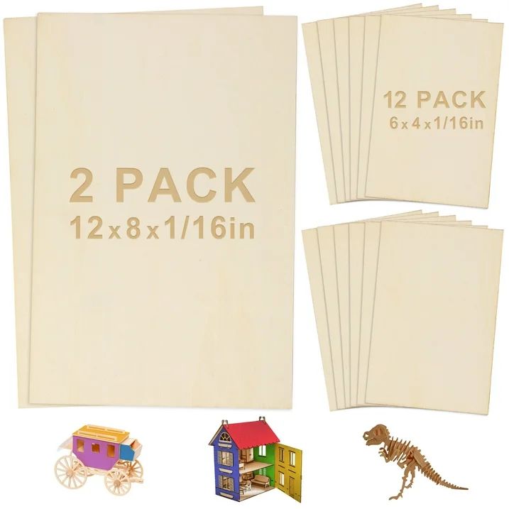 LotFancy 14pc Blank Plywood Unfinished Basswood Sheets for Crafts,12Pc 6x4x1/16 in, 2Pc 12x8x1/16 in