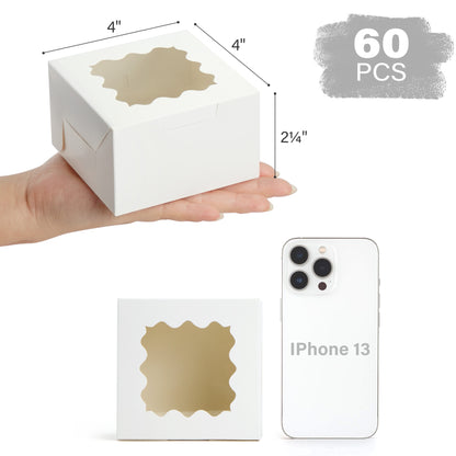 LotFancy 60 Pcs White Cookie Boxes with Window, 4x4x2.5 in Bakery Boxes, Mini Cake Boxes for Dessert