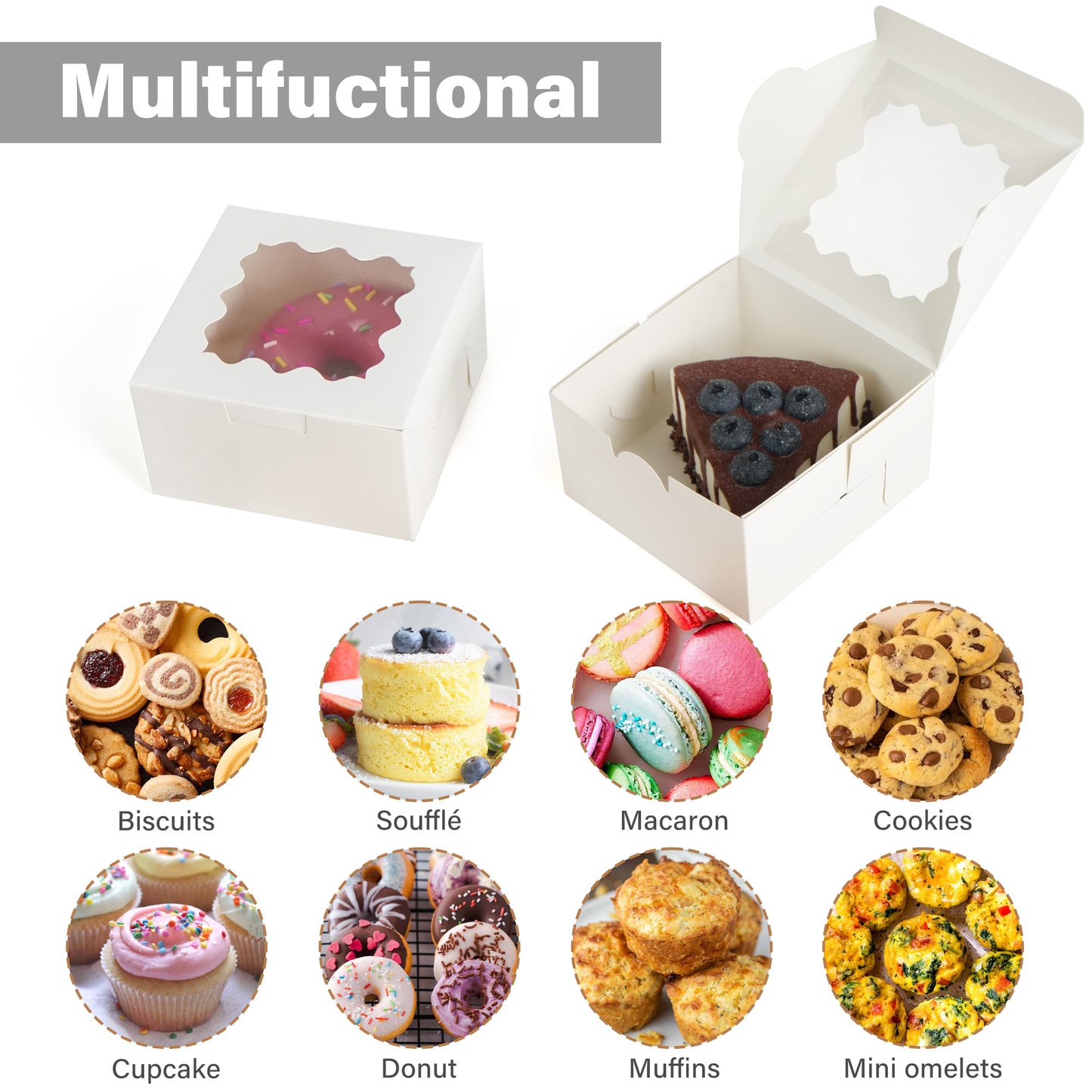 LotFancy 60 Pcs White Cookie Boxes with Window, 4x4x2.5 in Bakery Boxes, Mini Cake Boxes for Dessert