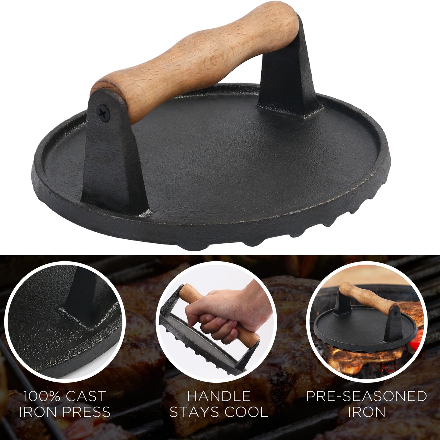 LotFancy Burger Press, 7" Heavy-Duty Cast Iron Burger Smasher for Griddle, Bbq, Cookouts, Round