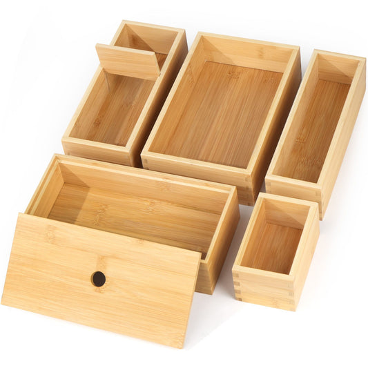 LotFancy Bamboo Drawer Organizer, 5 Pcs Storage Box Set, Utensil Organizer for Kitchen Drawers, Storage Containers for Bathroom, Office Desk, Makeup, Utensils, Junk, Assorted Sizes