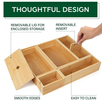 LotFancy 5 Pcs Bamboo Drawer Organizer Storage Box for Kitchen, Bathroom, Office Desk, Makeup