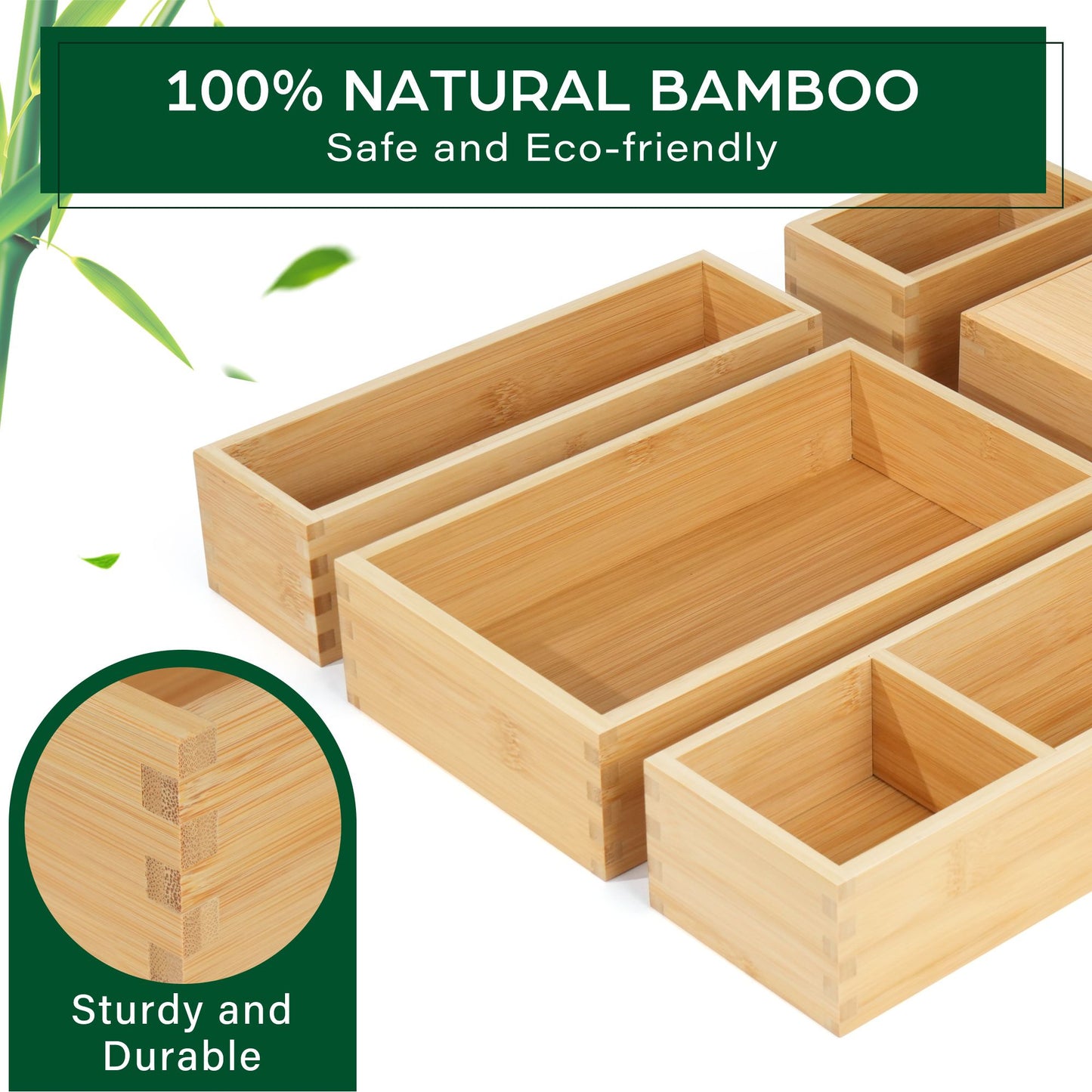 LotFancy 5 Pcs Bamboo Drawer Organizer Storage Box for Kitchen, Bathroom, Office Desk, Makeup