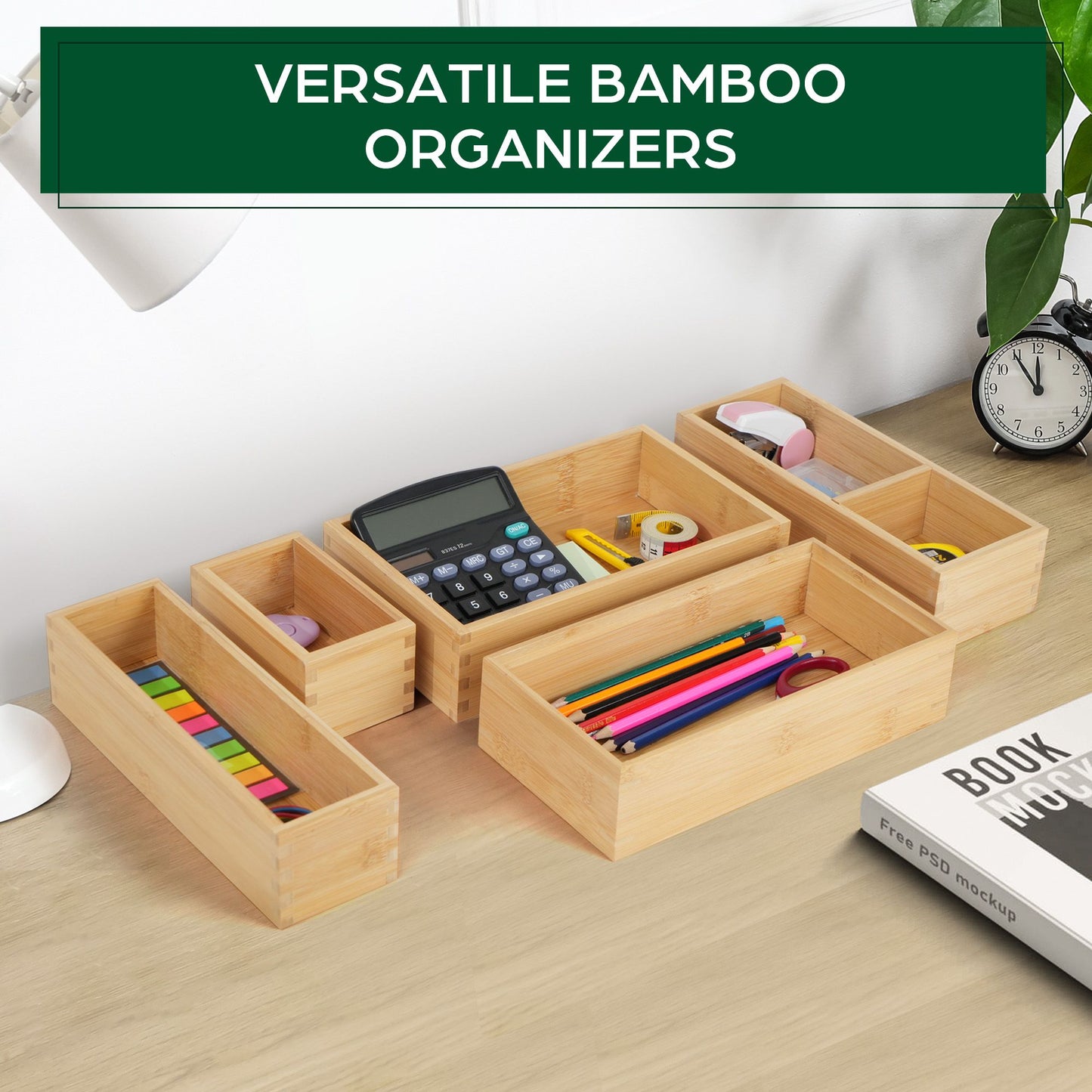 LotFancy 5 Pcs Bamboo Drawer Organizer Storage Box for Kitchen, Bathroom, Office Desk, Makeup