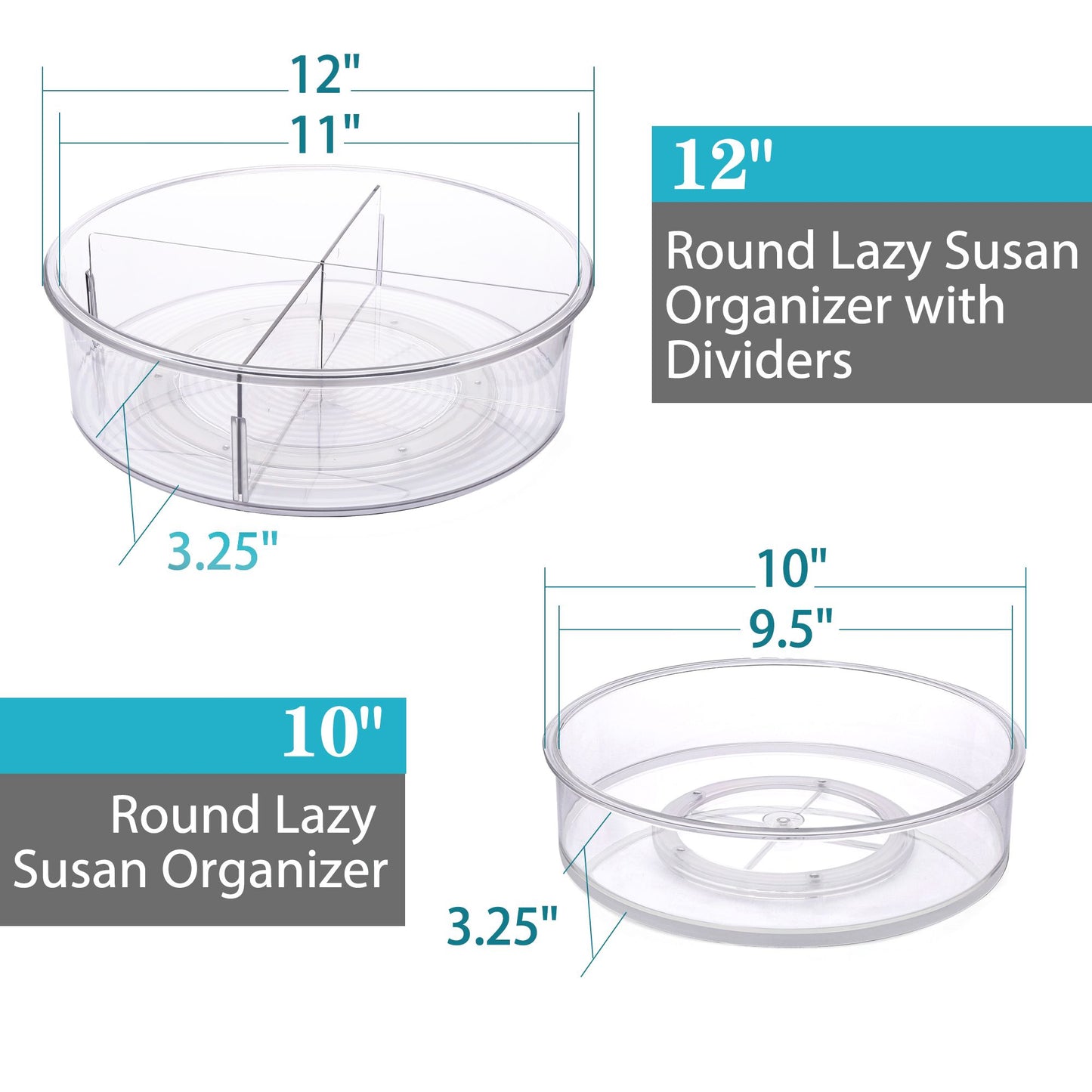 LotFancy Lazy Susan Organizer, Pack of 2, 12” and 10” Round Lazy Susan Turntable for Cabinet, Clear Plastic Rotating Storage Container for Table, Pantry