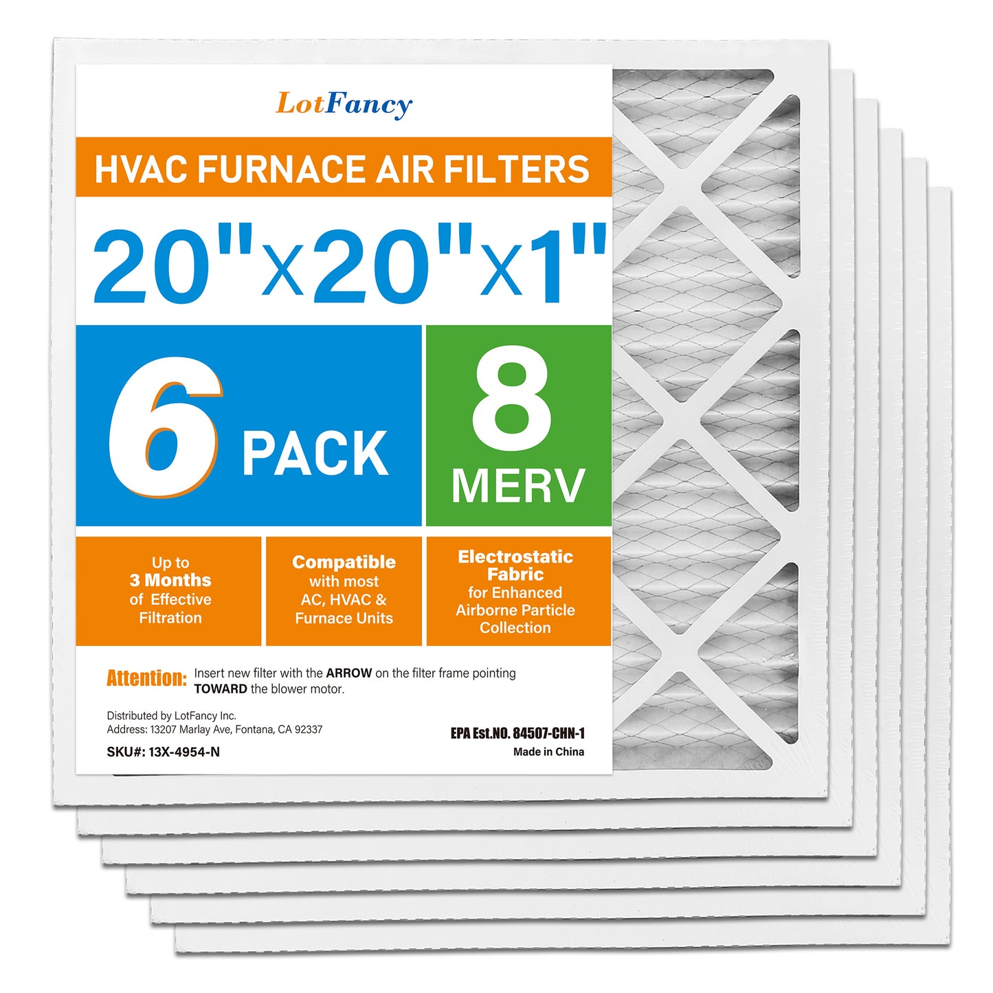 LotFancy 20x20x1 Air Filters, MERV 8 Pleated HVAC AC Furnace Filters, MPR 600 & FPR 5, 6 Pack