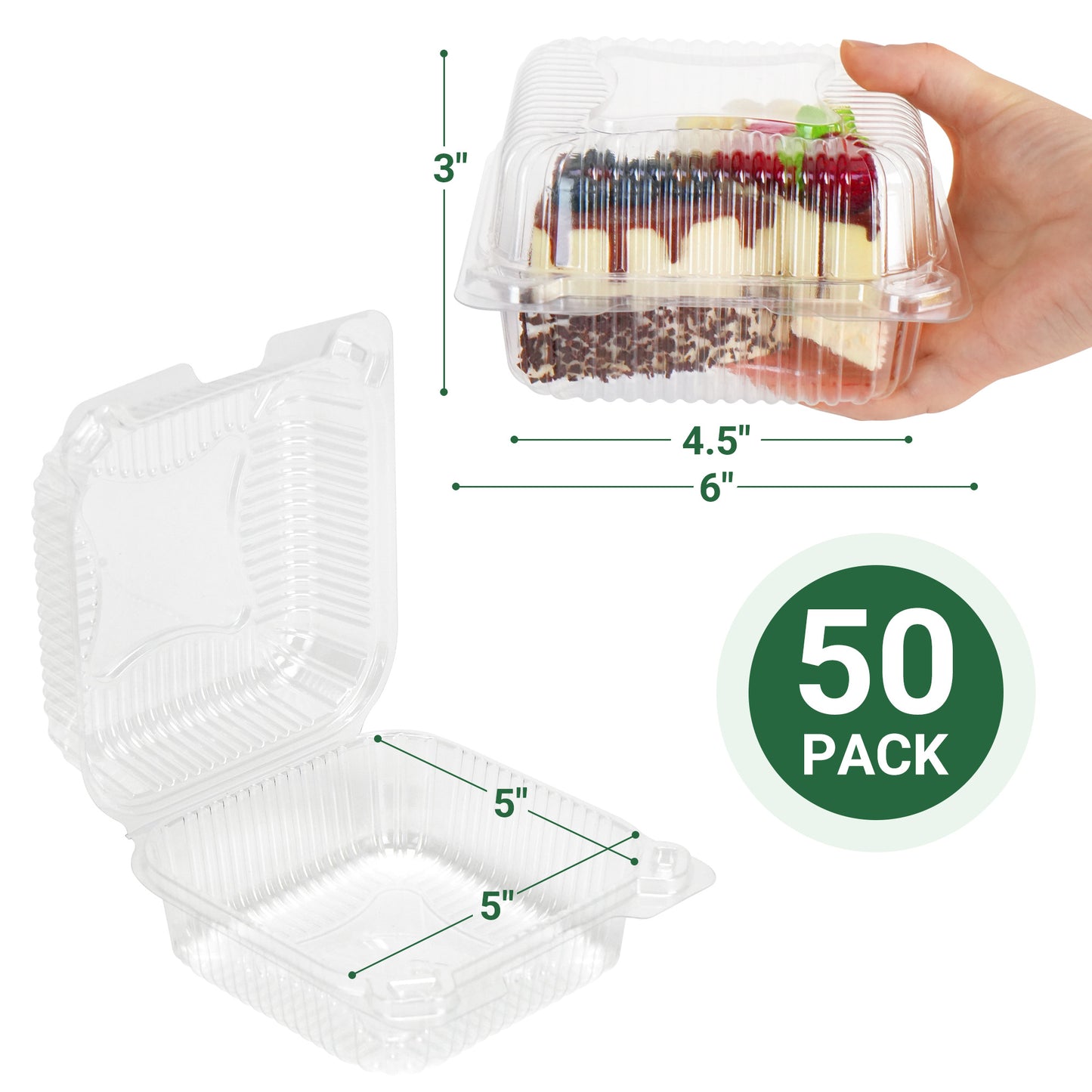 LotFancy Clear Plastic Take Out Containers with Lids, Thick Treat Boxes, 50 Count, 6.1 x 5.5 x 3in