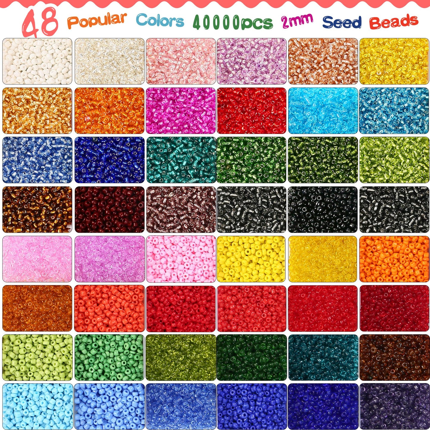 LotFancy 2mm Glass Seed Beads for Jewelry Bracelet Making Kit for Adults Ages 12+, 40000Pc 48 Colors