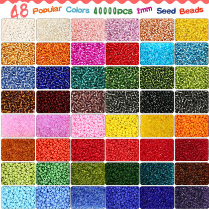LotFancy 2mm Glass Seed Beads for Jewelry Bracelet Making Kit for Adults Ages 12+, 40000Pc 48 Colors
