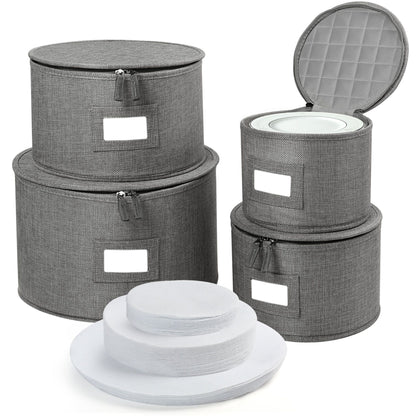LotFancy 4Pcs China Storage Containers for Plate, Dinnerware, Hard Shell, Quilted Linen, Gray