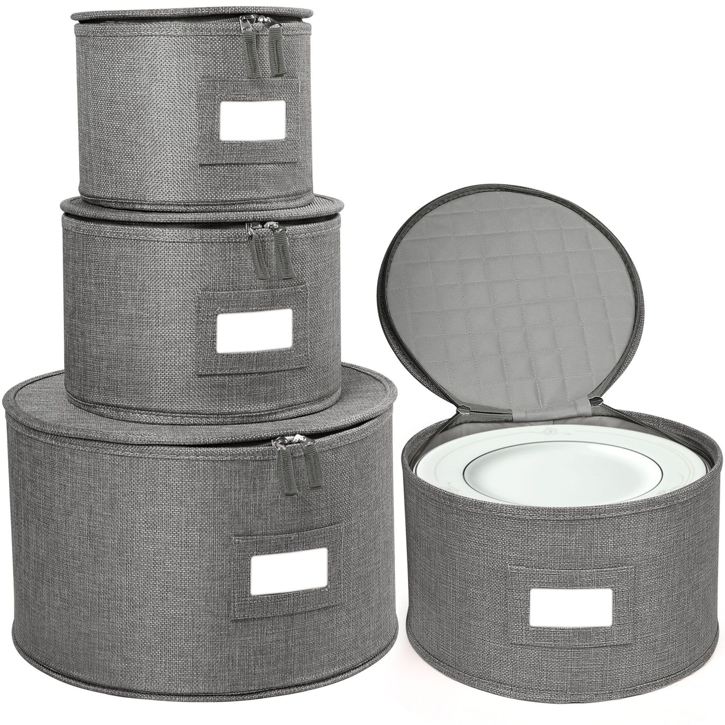 LotFancy 4Pcs China Storage Containers for Plate, Dinnerware, Hard Shell, Quilted Linen, Gray
