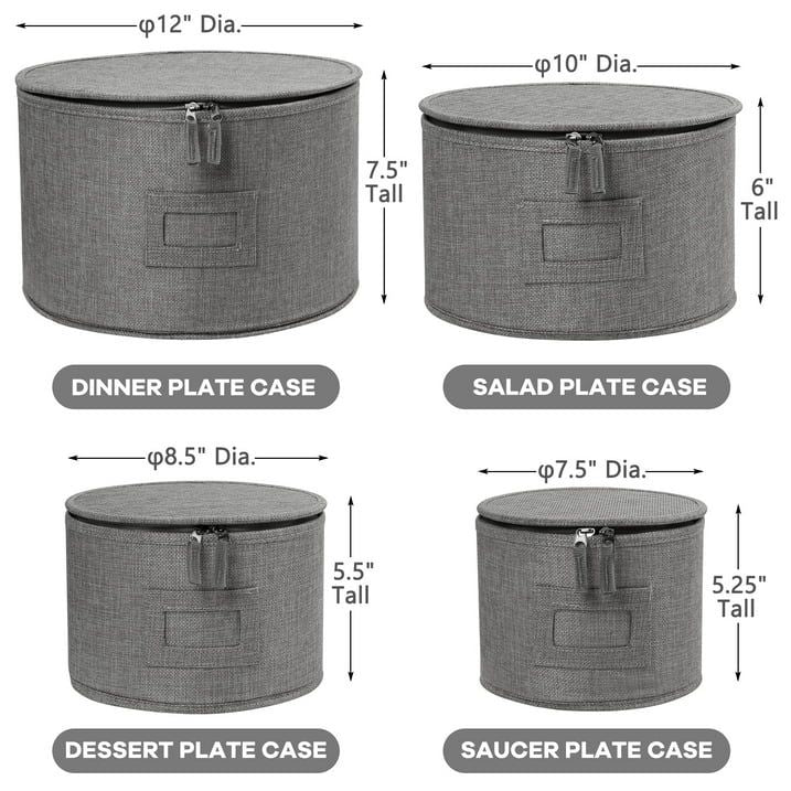 LotFancy 4Pcs China Storage Containers for Plate, Dinnerware, Hard Shell, Quilted Linen, Gray