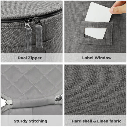 LotFancy 4Pcs China Storage Containers for Plate, Dinnerware, Hard Shell, Quilted Linen, Gray
