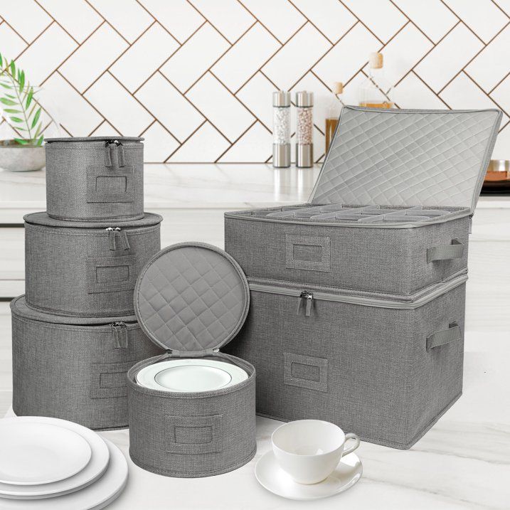 LotFancy 4Pcs China Storage Containers for Plate, Dinnerware, Hard Shell, Quilted Linen, Gray