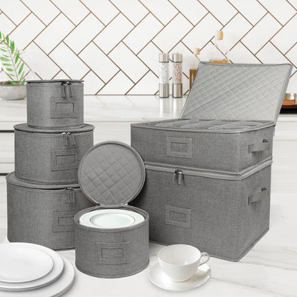 LotFancy 4Pcs China Storage Containers for Plate, Dinnerware, Hard Shell, Quilted Linen, Gray
