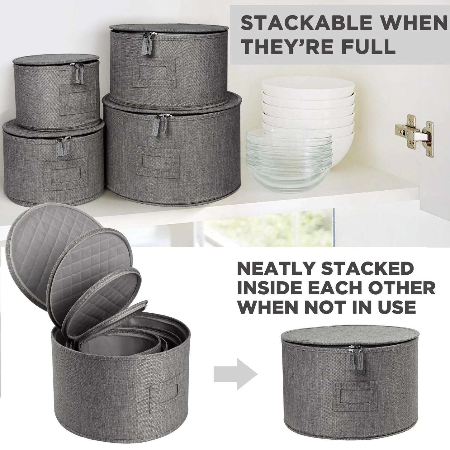 LotFancy 4Pcs China Storage Containers for Plate, Dinnerware, Hard Shell, Quilted Linen, Gray