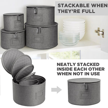 LotFancy 4Pcs China Storage Containers for Plate, Dinnerware, Hard Shell, Quilted Linen, Gray