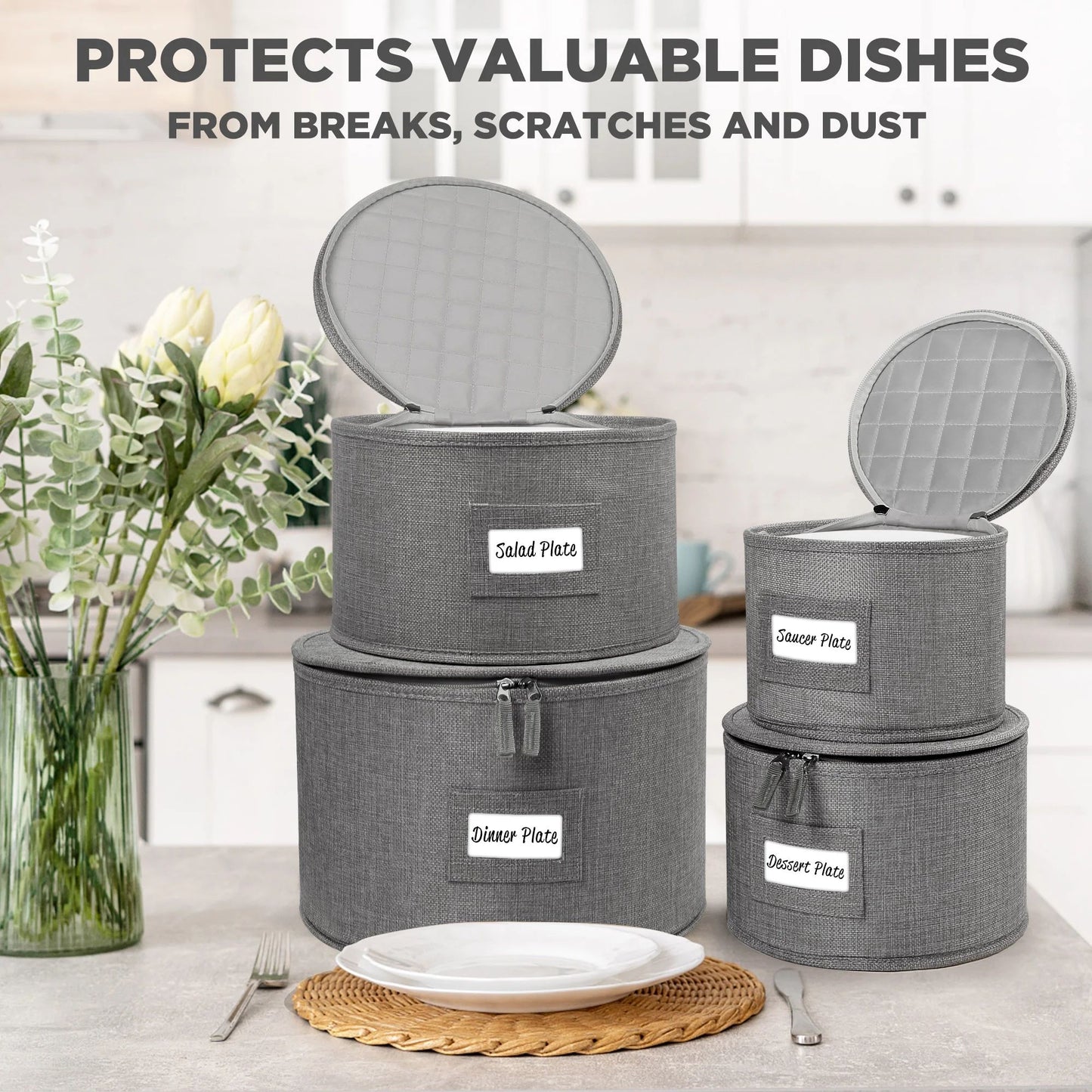 LotFancy 4Pcs China Storage Containers for Plate, Dinnerware, Hard Shell, Quilted Linen, Gray