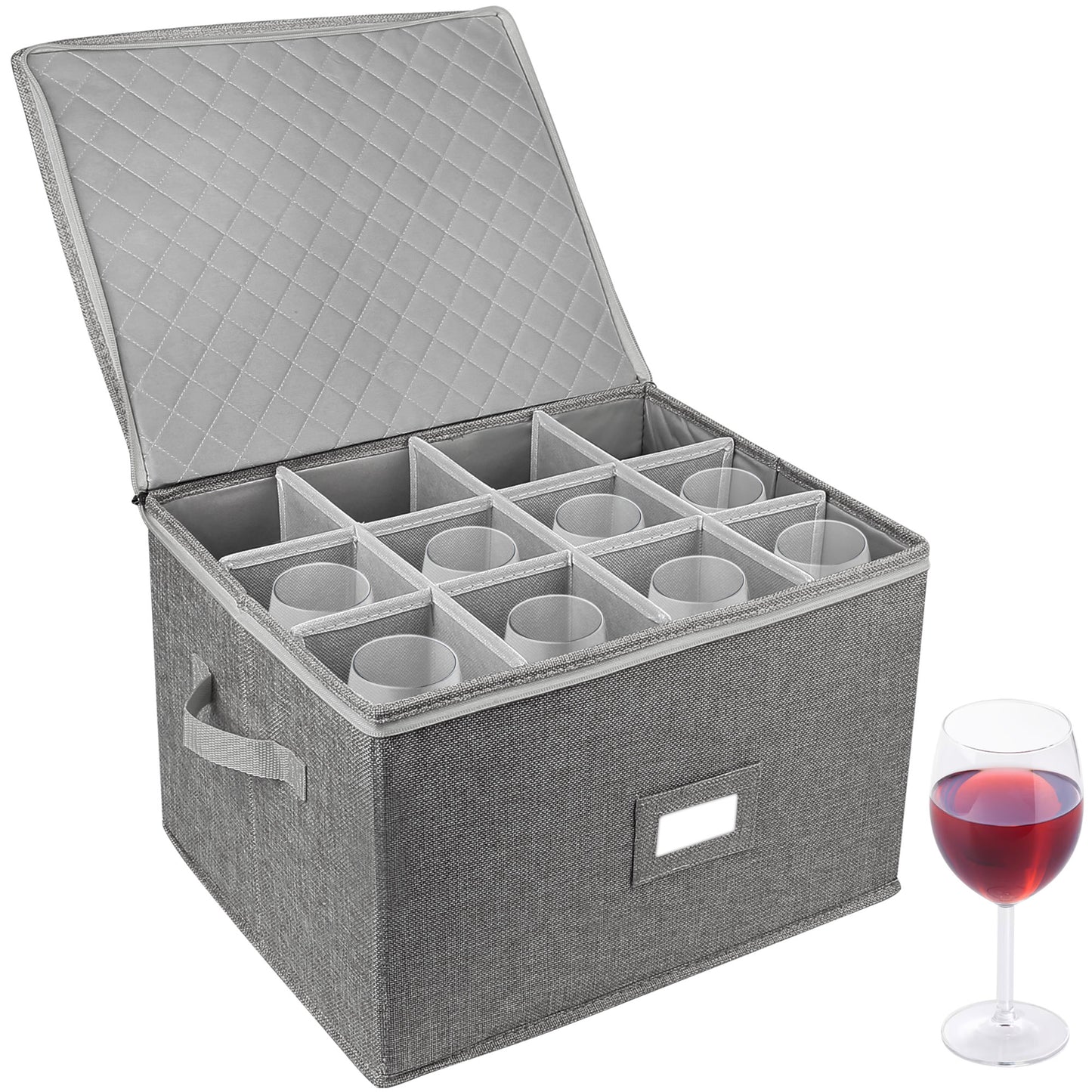 LotFancy Stemware Storage Container, Quilted Linen Stackable Wine Glass Storage Box,Hard Shell,Grey