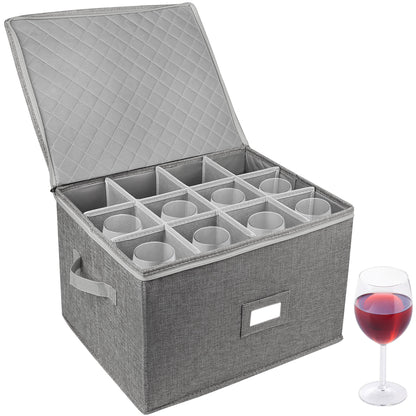 LotFancy Stemware Storage Container, Quilted Linen Stackable Wine Glass Storage Box,Hard Shell,Grey