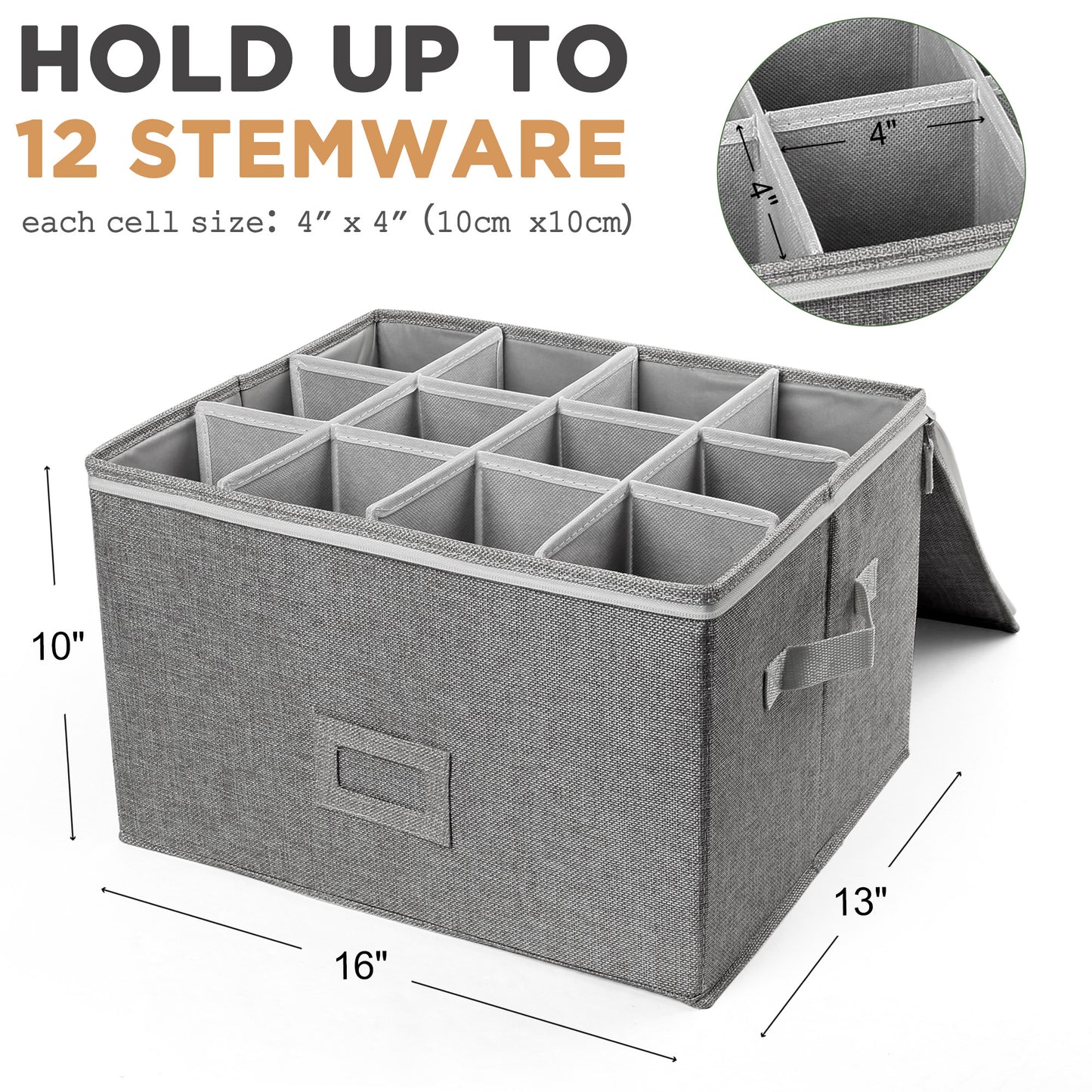 LotFancy Stemware Storage Container, Quilted Linen Stackable Wine Glass Storage Box,Hard Shell,Grey