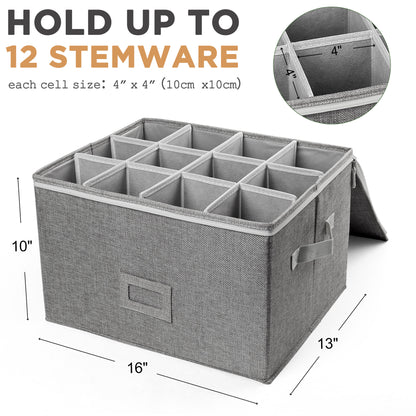LotFancy Stemware Storage Container, Quilted Linen Stackable Wine Glass Storage Box,Hard Shell,Grey