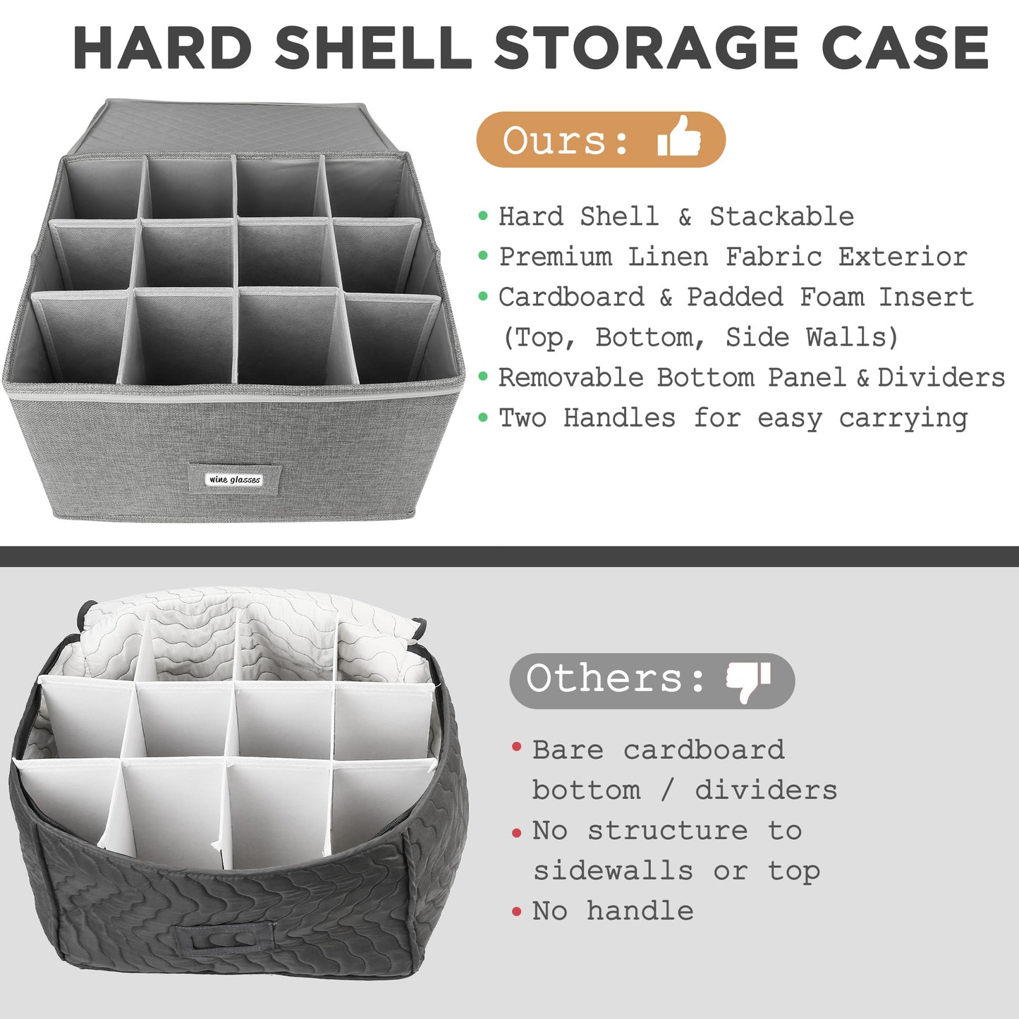 LotFancy Stemware Storage Container, Quilted Linen Stackable Wine Glass Storage Box,Hard Shell,Grey