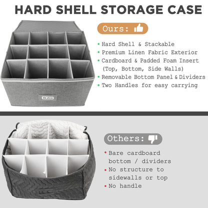LotFancy Stemware Storage Container, Quilted Linen Stackable Wine Glass Storage Box,Hard Shell,Grey