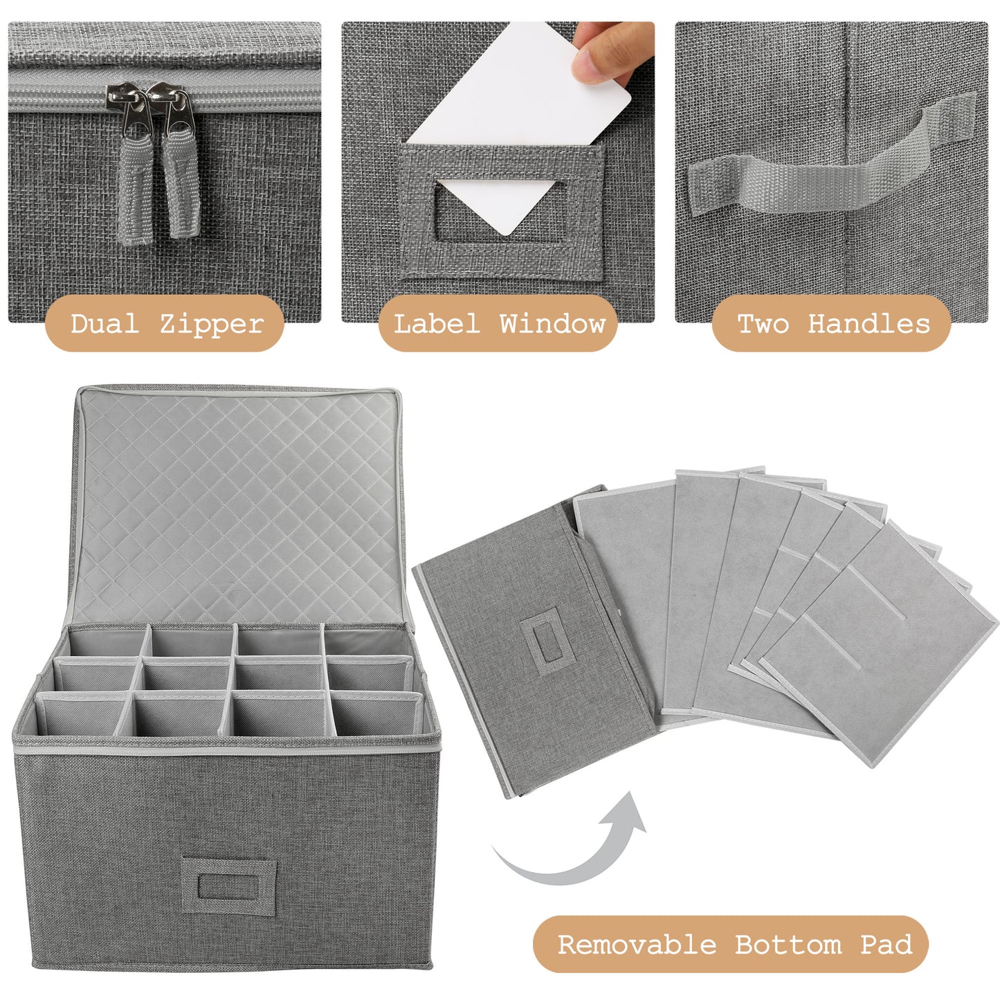 LotFancy Stemware Storage Container, Quilted Linen Stackable Wine Glass Storage Box,Hard Shell,Grey