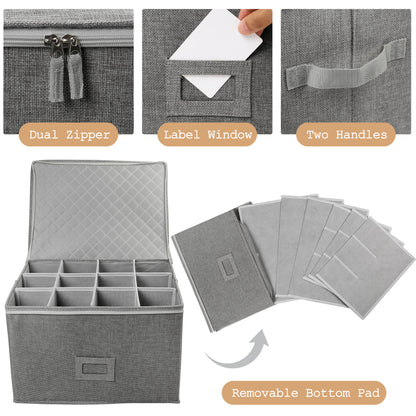LotFancy Stemware Storage Container, Quilted Linen Stackable Wine Glass Storage Box,Hard Shell,Grey