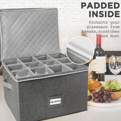 LotFancy Stemware Storage Container, Quilted Linen Stackable Wine Glass Storage Box,Hard Shell,Grey