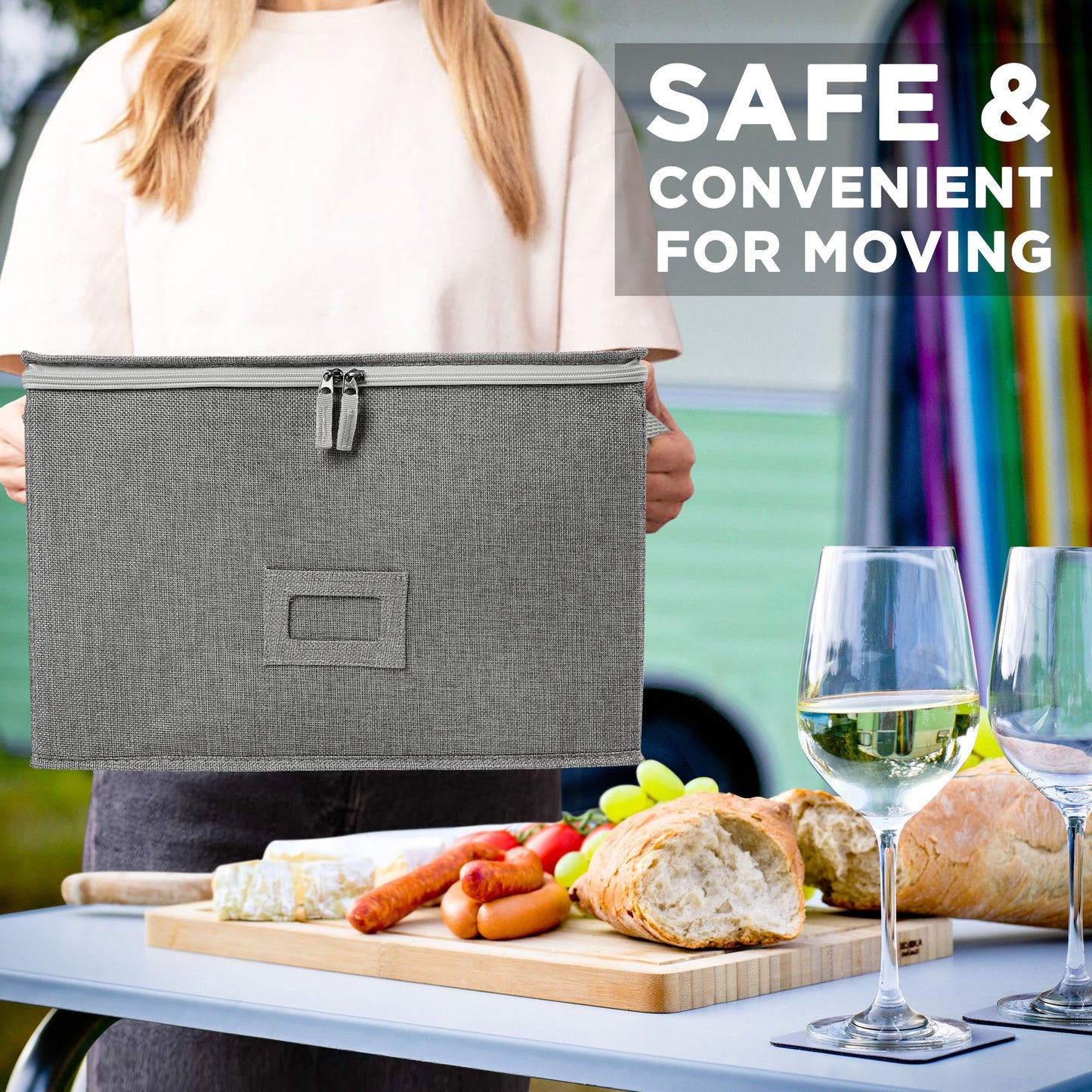 LotFancy Stemware Storage Container, Quilted Linen Stackable Wine Glass Storage Box,Hard Shell,Grey