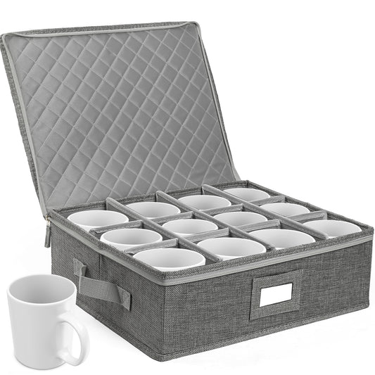 LotFancy Cup and Mug Storage Box with Dividers & Hard Handles,Holds 12 Tea Cups, Gray WMT
