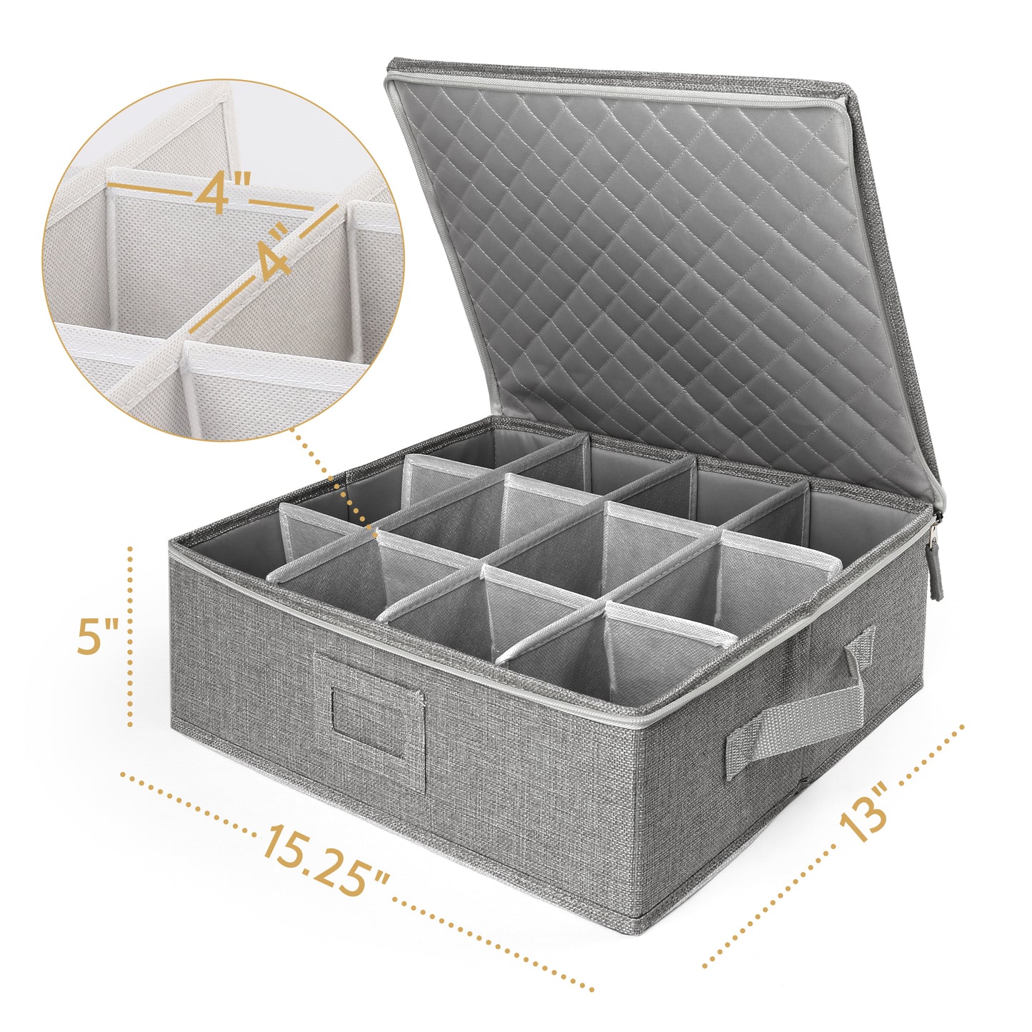 LotFancy Cup and Mug Storage Box with Dividers & Hard Handles,Holds 12 Tea Cups, Gray WMT