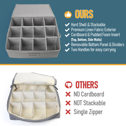 LotFancy Cup and Mug Storage Box with Dividers & Hard Handles,Holds 12 Tea Cups, Gray WMT