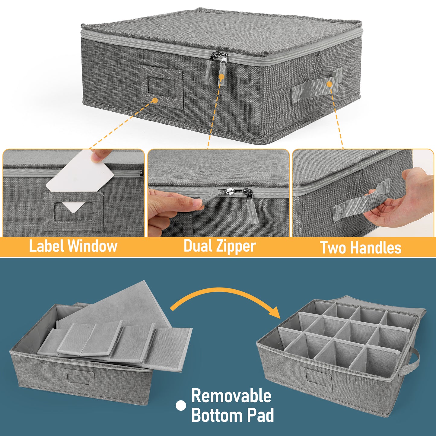LotFancy Cup and Mug Storage Box with Dividers & Hard Handles,Holds 12 Tea Cups, Gray WMT
