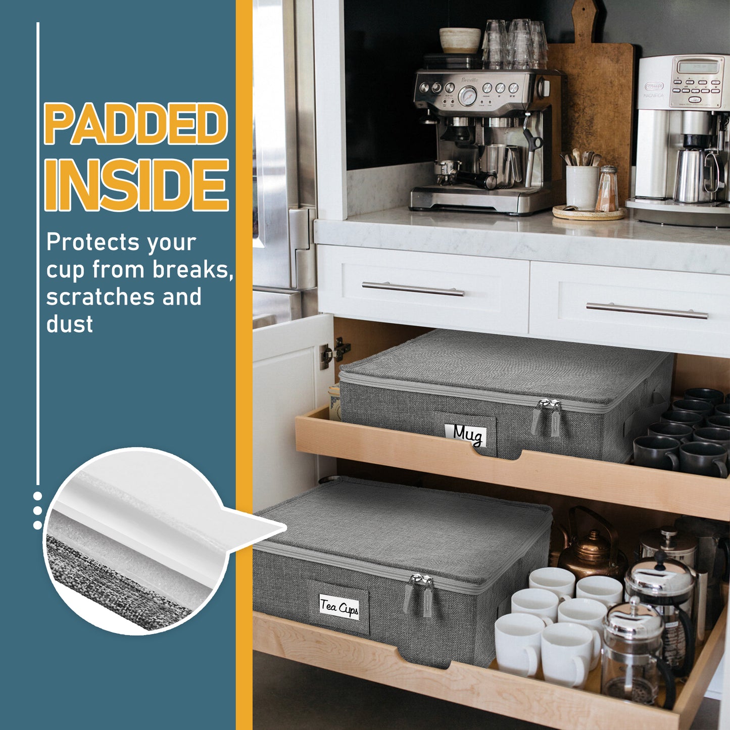 LotFancy Cup and Mug Storage Box with Dividers & Hard Handles,Holds 12 Tea Cups, Gray WMT