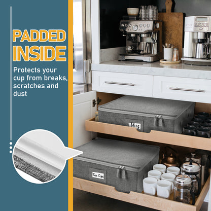 LotFancy Cup and Mug Storage Box with Dividers & Hard Handles,Holds 12 Tea Cups, Gray WMT