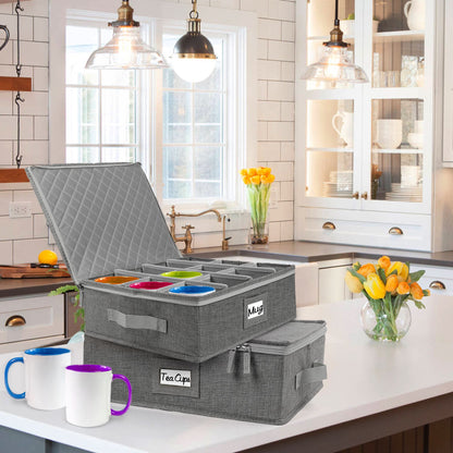LotFancy Cup and Mug Storage Box with Dividers & Hard Handles,Holds 12 Tea Cups, Gray WMT