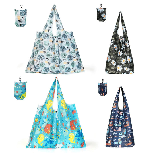 LotFancy 4 Nylon Shopping Bags, XL L Reusable Grocery Bags with Pouch, Multicolor