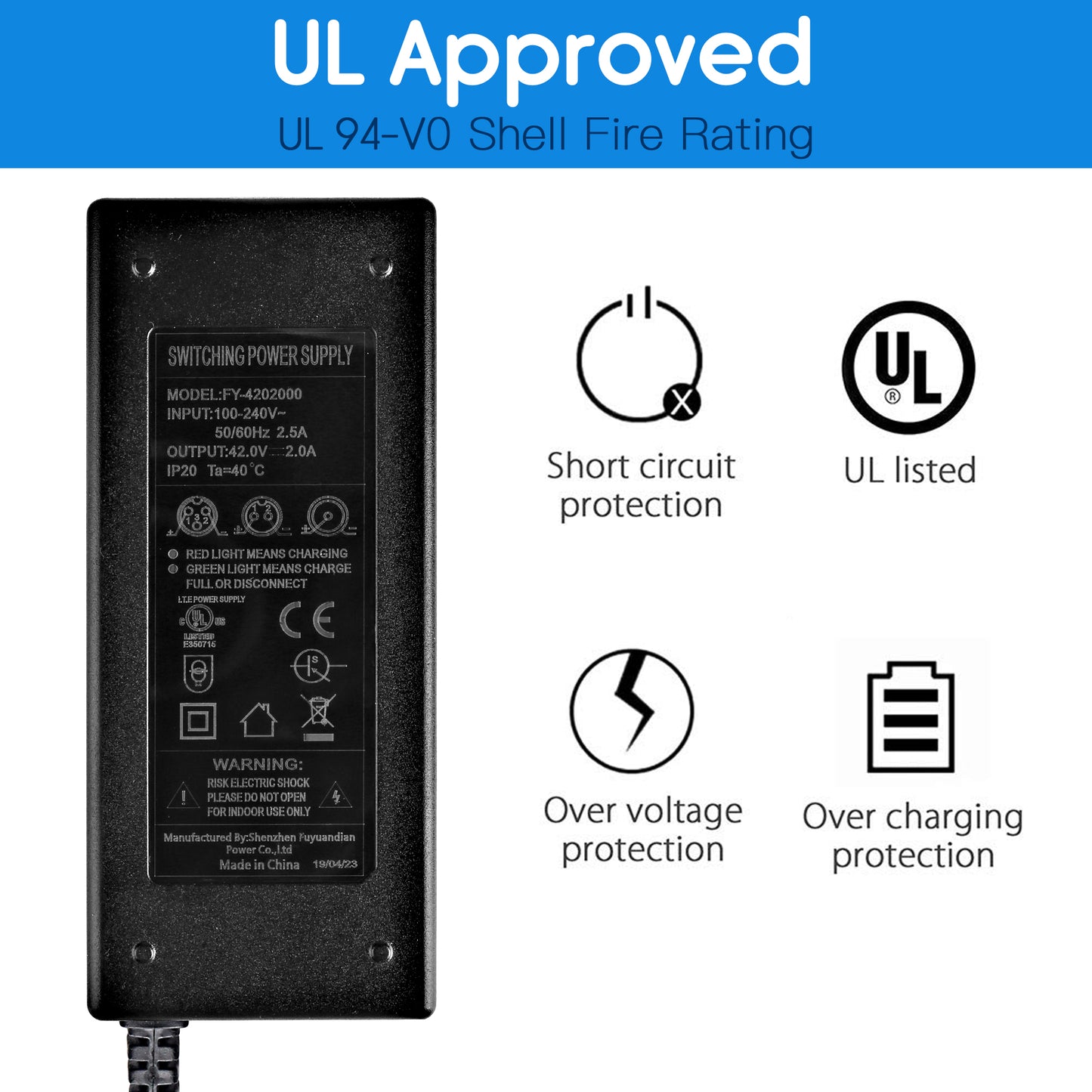 LotFancy 42V Battery Charger for Electric Scooters, 36V Lithium Battery, 2A Power Supply Adapter, UL Listed, Mini 3-Prong Inline Connector