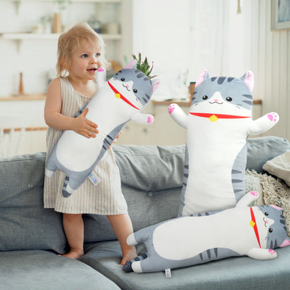BenBen Long Cat Plush Pillow, Cat Stuffed Animal Body Pillow for Kids, 27.5 in, Grey