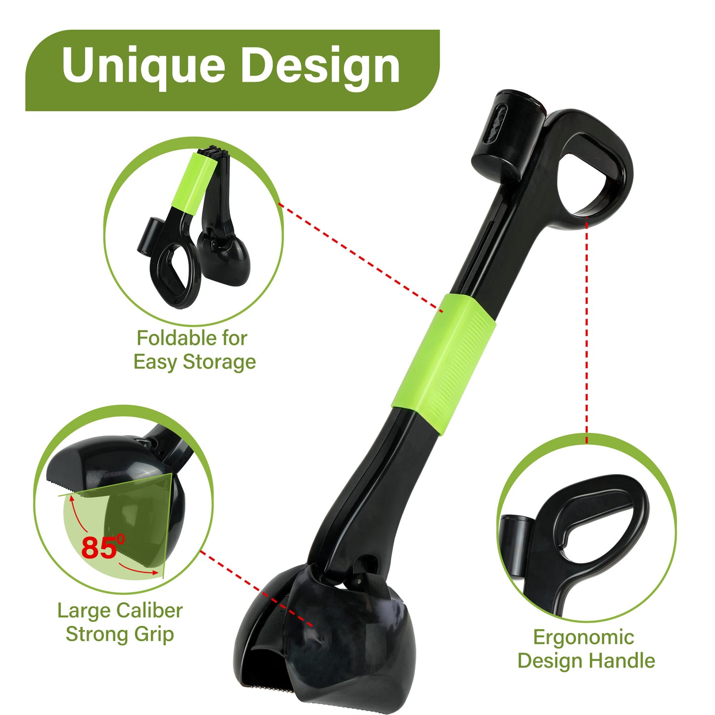 Prime Pets Pooper Scooper for Small, Medium, Large Dogs, Foldable Pet Poop Scooper with Bag Dispenser & 10 Waste Bags, Portable Dog Poop Pick Up Grabber for Yard, Grass, Gravel