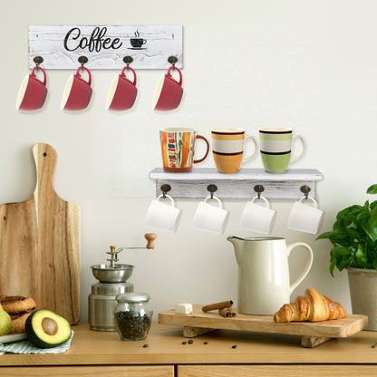 LotFancy Coffee Mug Holder, Rustic Mug Rack Wall Mounted, 4 Coffee Cup Hangers for Kitchen Organizer