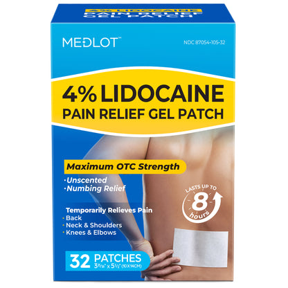 MEDLOT 4% Lidocaine Pain Patches, 32 Count, Maximum Strength OTC Topical Analgesic Gel Patch for Back, Knee, Shoulder, Sciatica & Nerve, Joint & Muscle Pain Relief, Unscented
