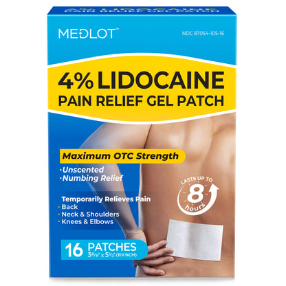 MEDLOT Lidocaine Patches for Back Pain and Sciatica, 16 Count, 4% Maximum OTC Strength, Pain Relief Patches for Knee, Shoulder, Neck, Ankle, Nerve, Joint & Muscle Pain, Unscented