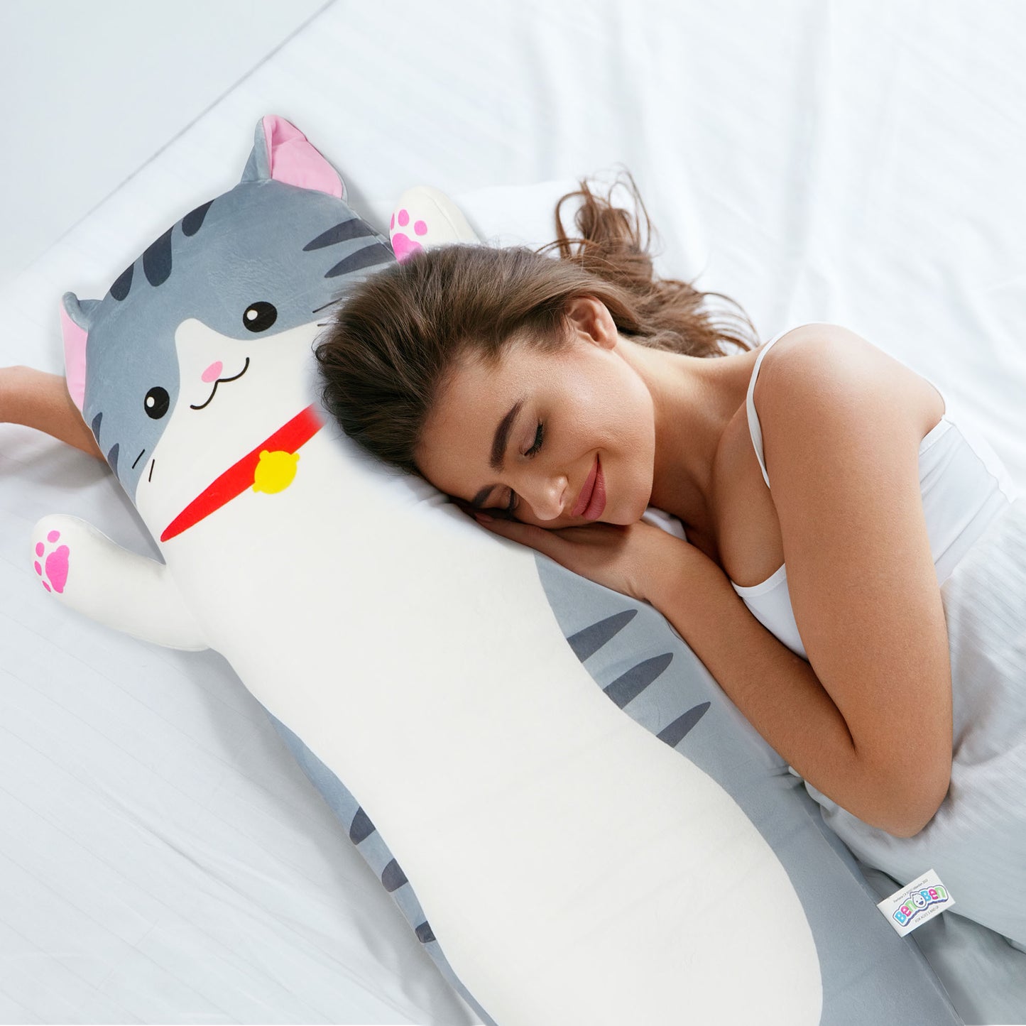 BenBen Grey Cat Soft Pillow, Stuffed Plush Long Throw Sleeping Pillow Toy