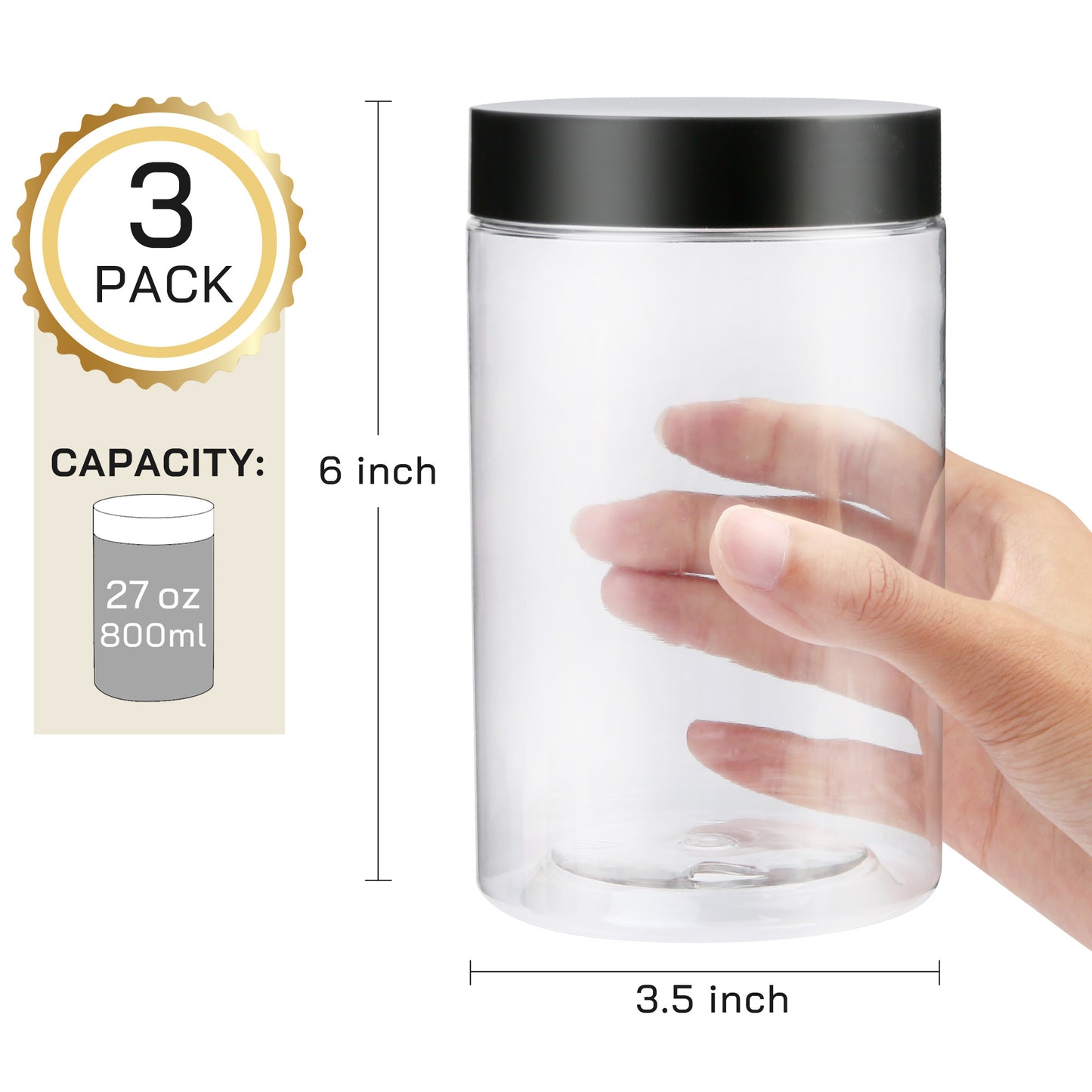 LotFancy Clear Plastic Food Storage Jar with Airtight Lid, 27 Ounce (3 Count)