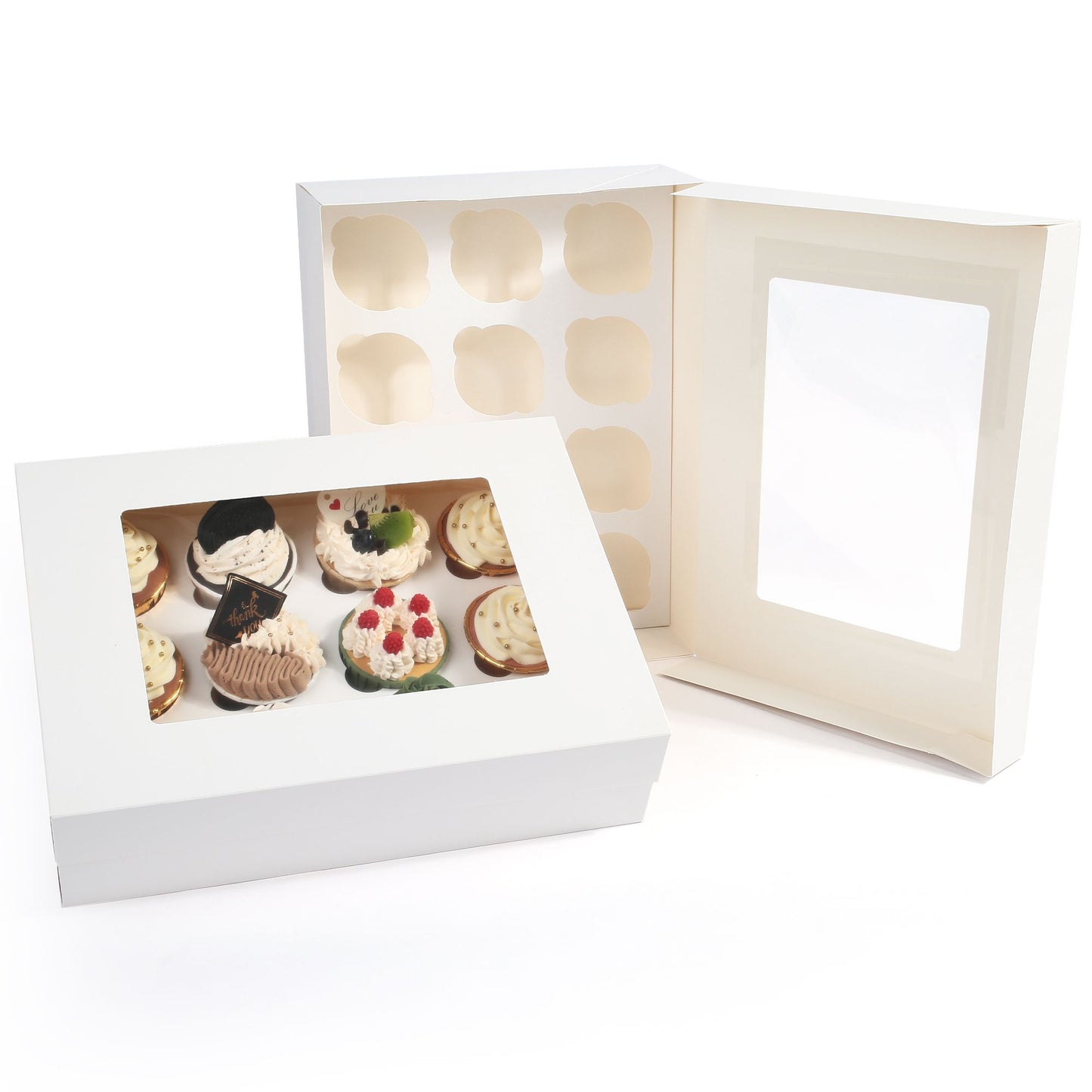 LotFancy Cupcake Boxes 12 Count, Dozen Cupcake Containers with Window and Inserts, White Bakery Boxes, Disposable Pastry Carrier Holders for Cookies, Treats, Dessert, Muffins