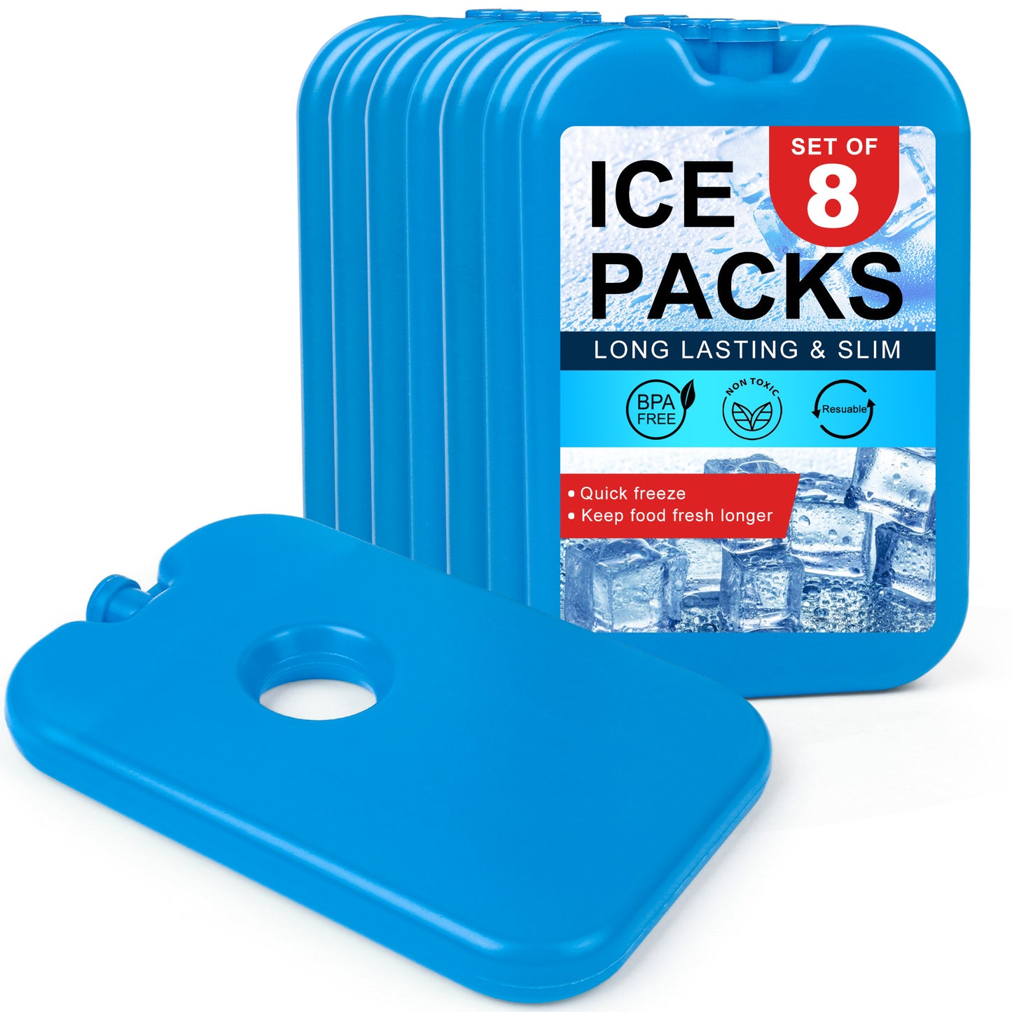 LotFancy Ice Packs for Cooler and Lunch Box, Reusable Freezer Packs for Lunch Bags, Slim Blue Ice Blocks, Long Lasting, Refreezable Flat Cool Packs for Food, Drinks, Milk